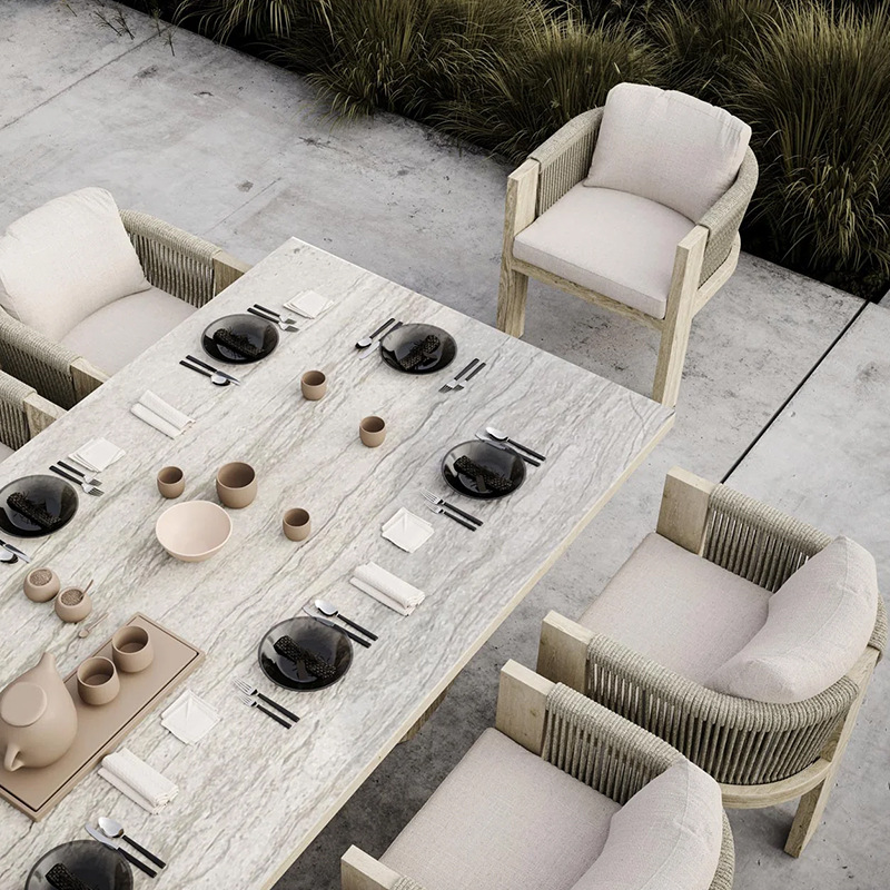 Mesa y silla al aire libre patio chalet tabla de madera larga impermeable alojamiento residencial terraza jardín al aire libre combinación de mesa de comedor de madera maciza casual