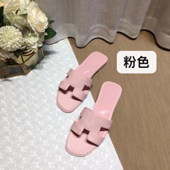 外贸经典款H家拖鞋女夏季高版本休闲一字型羊皮平底拖鞋批出货快