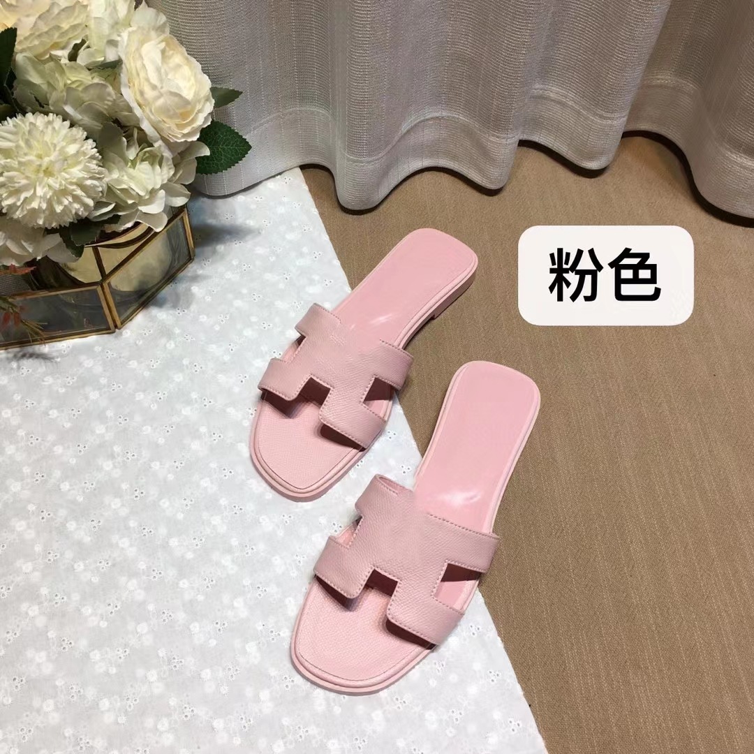 外贸经典款H家拖鞋女夏季高版本休闲一字型羊皮平底拖鞋批出货快