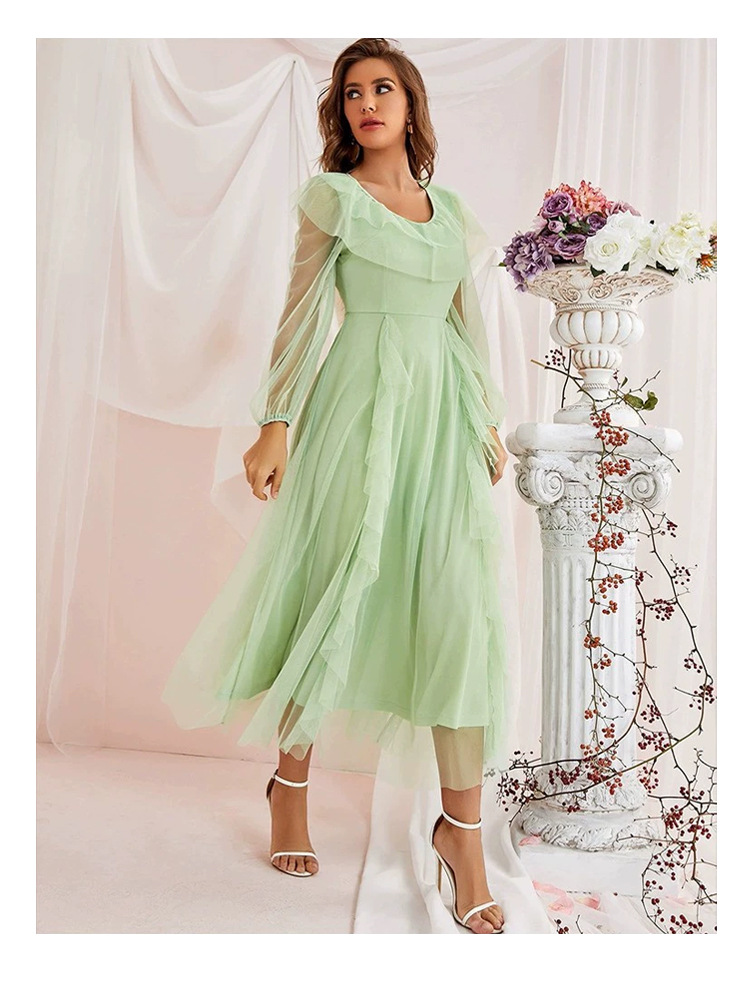 Gonna lunga in rete di pizzo girocollo abito a trapezio in rete a vita alta_voghion.com