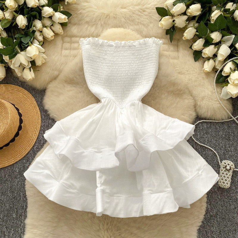 ヨーロッパとアメリカの純粋な欲望のホットガールノースリーブチューブトップスカート夏服2025新しいフレンチウエスト気質フリルふわふわ|undefined