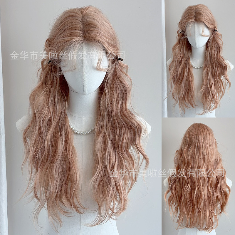 Cross-Border Wig for Women, Hand-Crocheted Lace Front, Middle Part, Long Curly Hair, Fashionable Pink Gold Lolita Style, Face-Slimming Internet Celebrity Full Wig