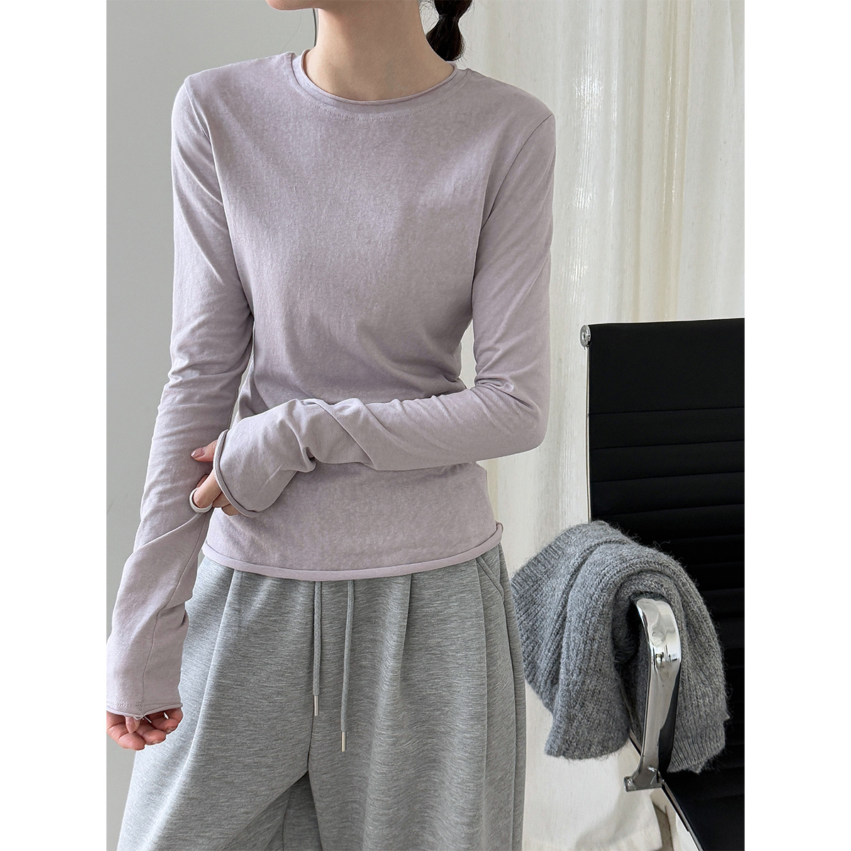 鹿西 韩系百搭卷边圆领T恤打底衫女秋季新款长袖内搭修身上衣2013