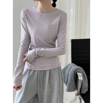 鹿西 韩系百搭卷边圆领T恤打底衫女秋季新款长袖内搭修身上衣2013