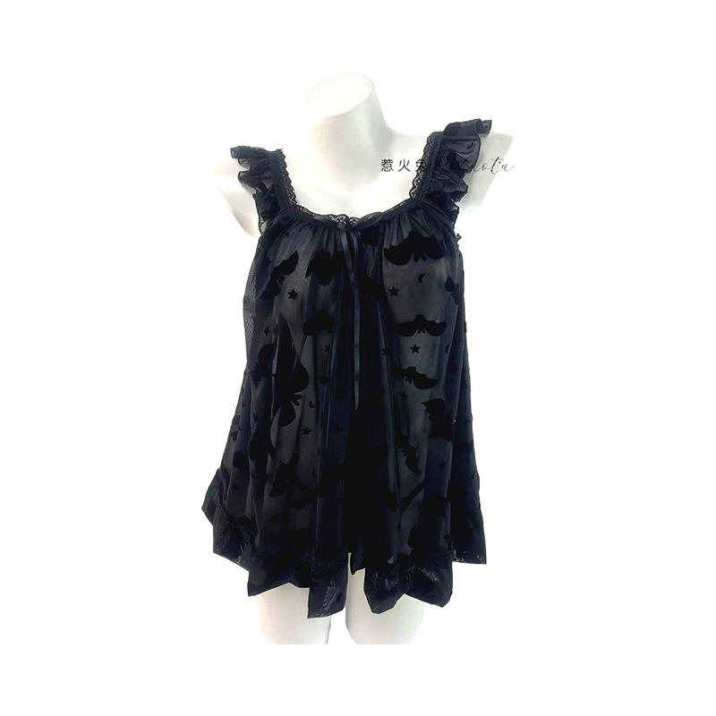 Sexy Lace Batwing Velvet Nightgown Lingerie for Teasing and Seduction on the Bed, See-Through and Alluring, No Need to Take Off 7759