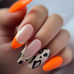 Euro-American fashion: Warm Pumpkin Orange French-style Glittering Leopard Print Nail Art — Vibrant, Sweet, Affordable, Ready-to-Wear False Nails Available Wholesale