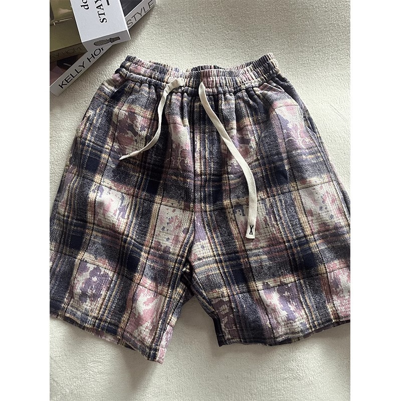 Casual Straight Leg Tie Dye Plaid Shorts For Men And Women Loose Fitting Five Point Beach Pants High Street Fashion Summer_viptrois.com