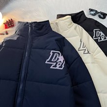 2023秋冬装刺绣字母复古翻领情侣棉衣加厚外套百搭面包服立领外衣