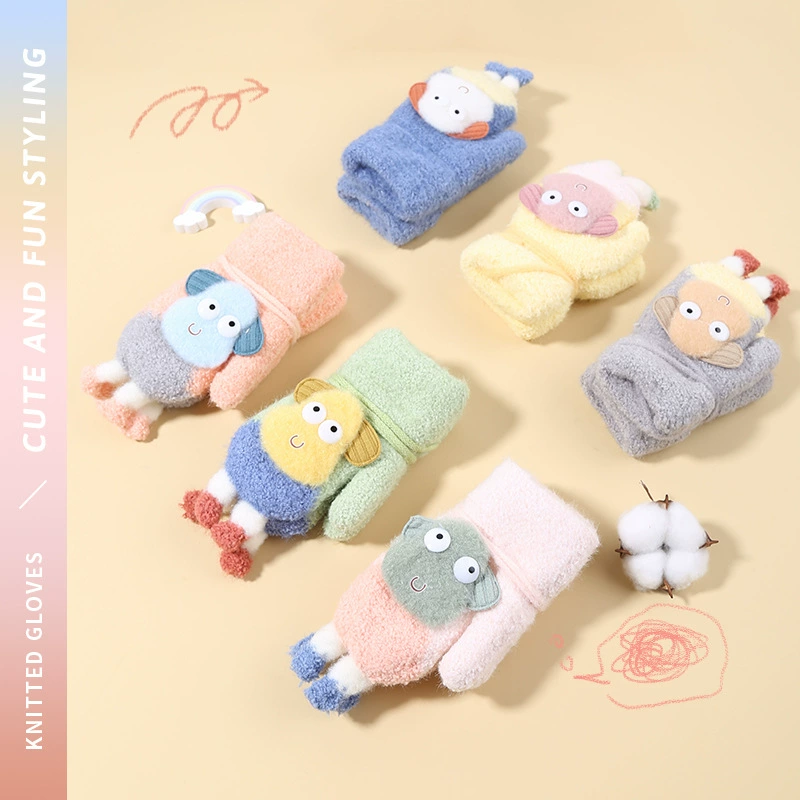 Детские перчатки осенне-зимние толстые милые теплые перчатки на флисовой подкладке для мальчиков и девочек, подвесная Шейная сумка, детские перчатки для пальцев оптом