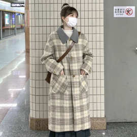 时尚秋冬季新款韩系大衣拼接复古呢子休闲百搭长款毛呢大衣格子