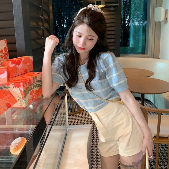 Striped T-Shirt Knitted Shirt Loose Outer Wear Women's Summer New Style Western Style Short Age-reducing Round Neck Short Sleeve Korean Style Top