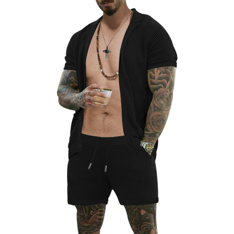 Traje de verano de ropa de hombre transfronterizo de Amazon de malla europea y americana de punto casual camiseta de solapa pantalones cortos de manga corta ropa de hombre