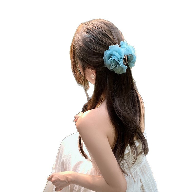 [ピーチティー] 雰囲気のあるメッシュローズフラワー半結びヘアクリップ女性用 2025 新しい海辺の花ヘアアクセサリー|undefined