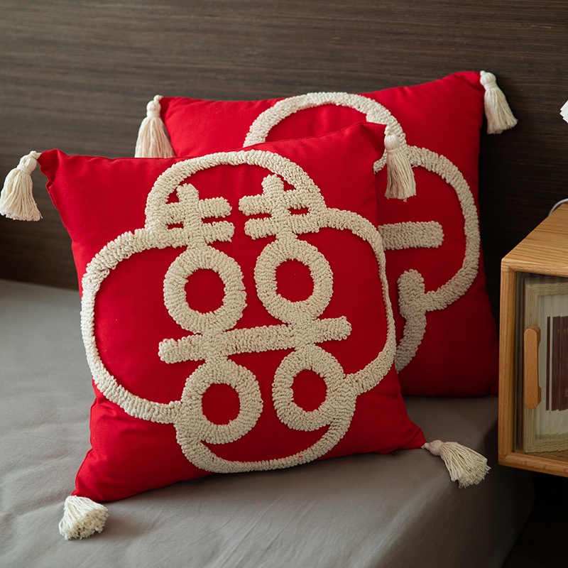 Wedding Red Pillow with Happy Words, Wedding Room Gift Cushion Cover, Living Room Sofa, Bedroom Decorative Pillow