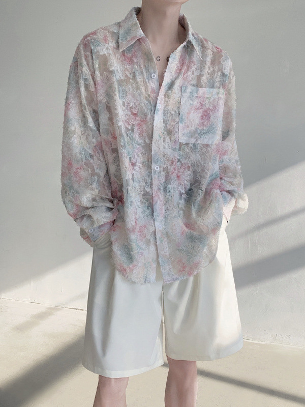 American Style Three-Dimensional Floral Shirt Men's Long-Sleeved Texture Elegant Niche Summer Thin Lazy Sun-Protection Floral Shirt