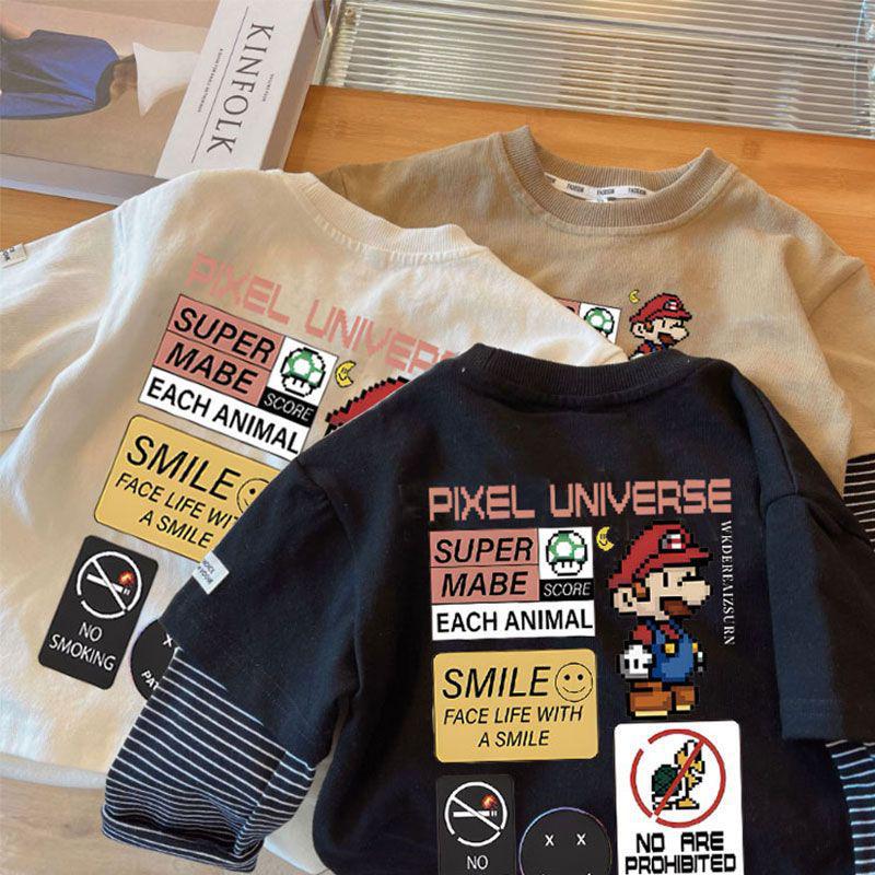 Camiseta de algodón de manga larga para niños falso de dos piezas 2023 nueva primavera y otoño camisa de fondo de moda estilo occidental ropa para niños Top t