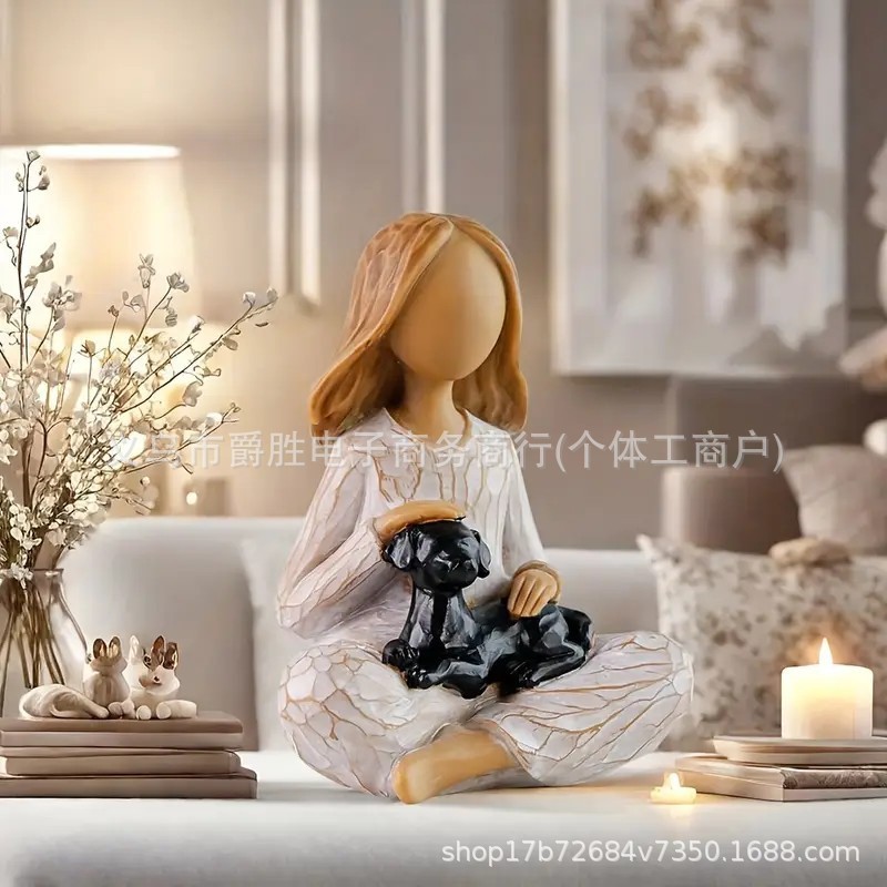 犬を抱く少女の創造的な作品、クロスボーダー柳の木彫りの少女の友情像、樹脂工芸品像|undefined
