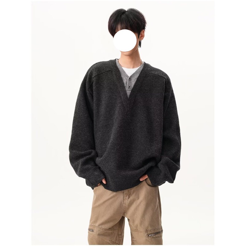 Old Money Style New Elite V-Neck Fake Two-Piece Sweater for Men, Autumn High-Intelligence Lazy Knitwear, High-End Couple Wool Sweater