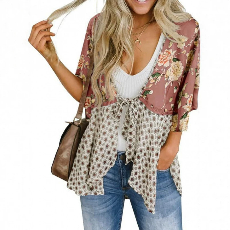 In-Stock 2026 Cross-Border European and American Amazon Summer Hot-Selling New Casual Printed Tie-Up V-Neck Shirt