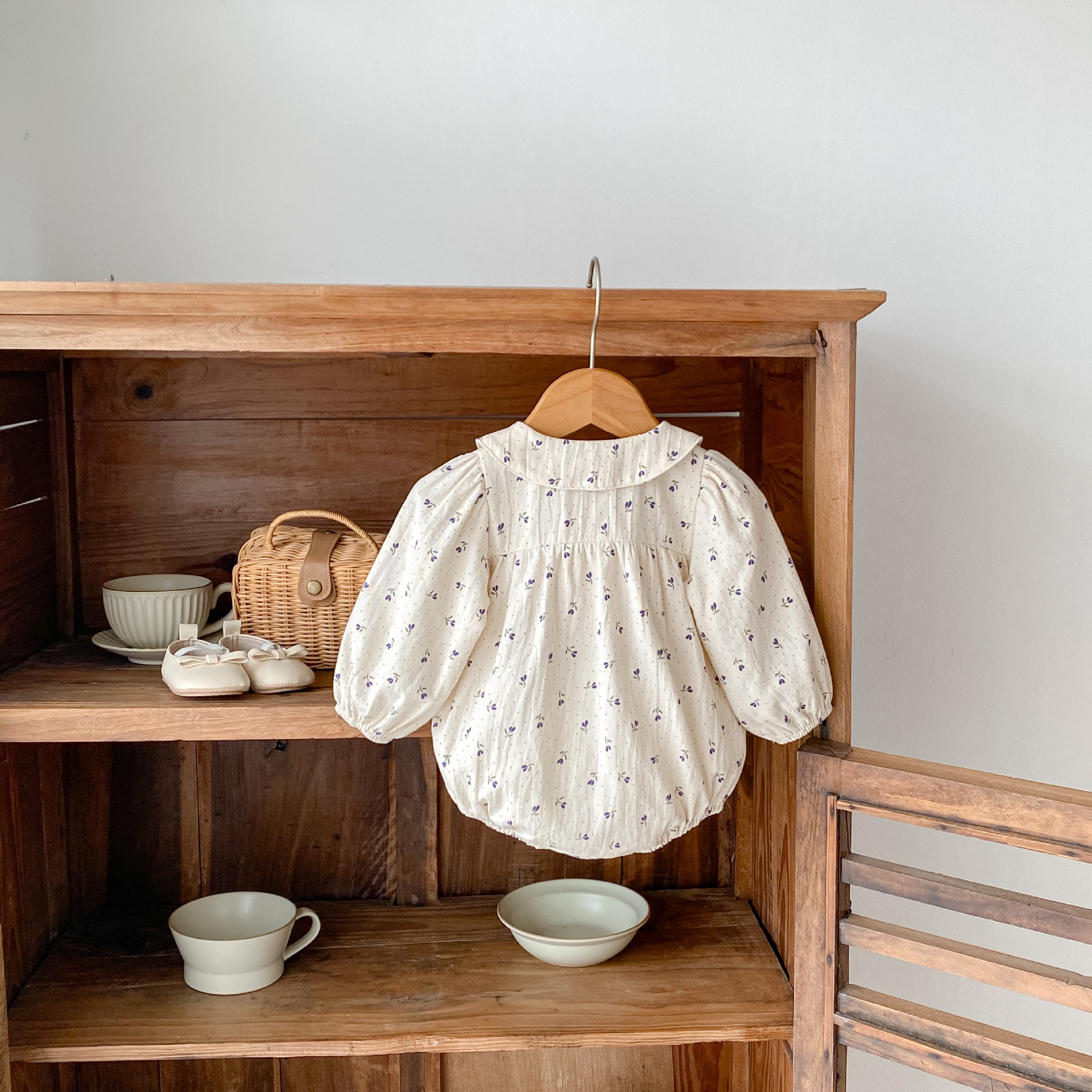 Cotton children's clothing 2024 autumn new item for infants and young girls, long sleeved khaki, wavelet dot flower_voghion.com