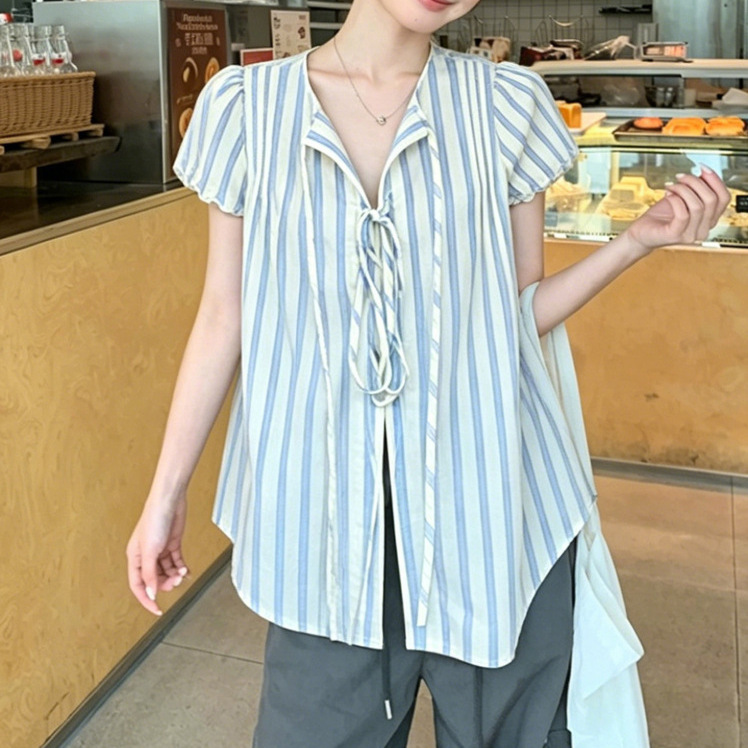 Lace-Up Striped Short-Sleeve Shirt for Women, Summer Korean-Style Ins Fashion Women's Shirt with Design Lace Sleeves