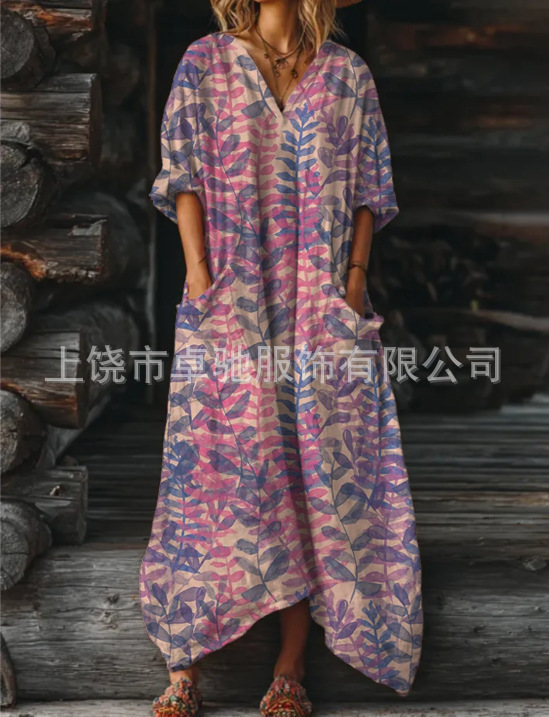 2025新款独立站女式复古花卉艺术图案印花口袋V领口袋连衣裙|undefined