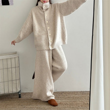 时尚套装软糯针织开衫毛衣外套女2025秋季新款高腰坑条休闲长裤子