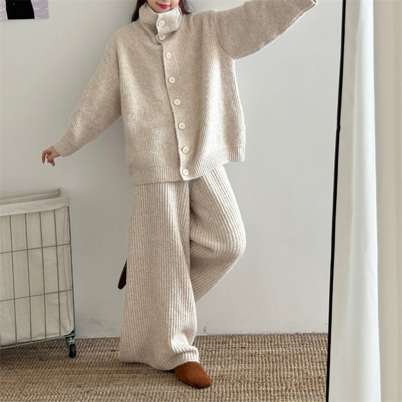 时尚套装软糯针织开衫毛衣外套女2025秋季新款高腰坑条休闲长裤子