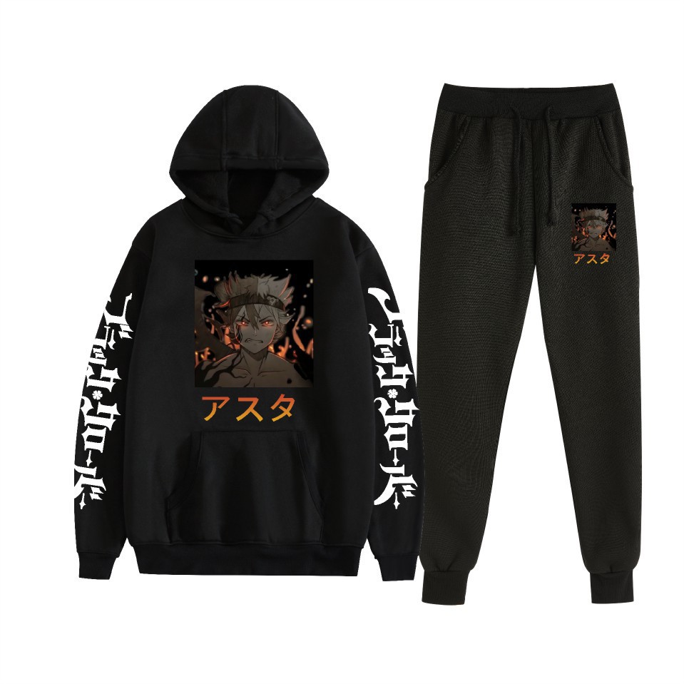 Traje de suéter con capucha suelto de dos piezas de trébol de cuatro hojas negro para hombres y mujeres con estampado de letras nuevas transfronterizas