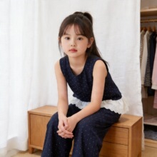 韩系温柔风女童波点套装蕾丝花边无袖背心+阔腿裤儿童洋气两件套