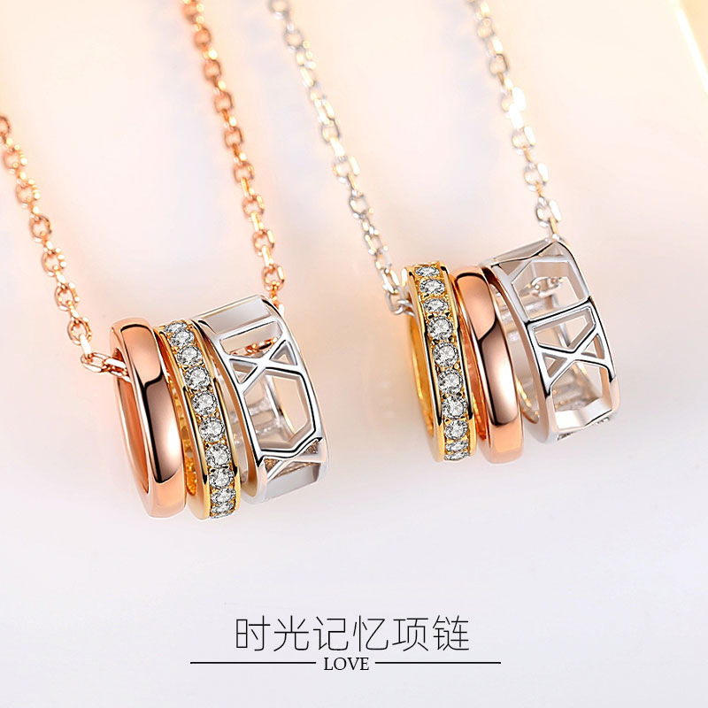 Celebridad en línea Singapur S925 plata esterlina romana collar digital colgante círculo simple diamante-incrustado anillo clavícula cadena femenina