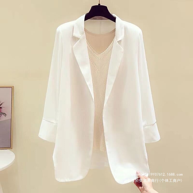 Draped and elegant white chiffon blazer for women, mid-length casual suit, loose and lightweight jacket for spring and summer Draped and elegant white chiffon blazer for women, mid-length casual suit, loose and lightweight jacket for spring and summer