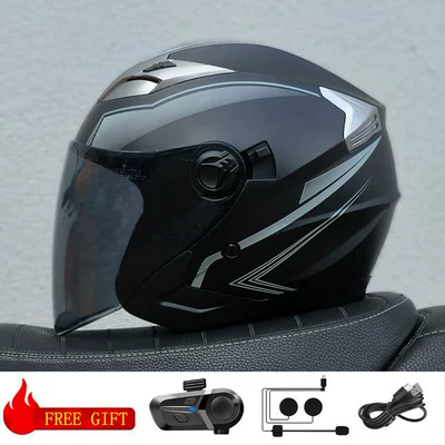 Half Helmet Motorcycle Helmet – Motosiklet kaskı (dəbilqə) - gray-lines-brown-lenses-with-bluetooth-m57-58