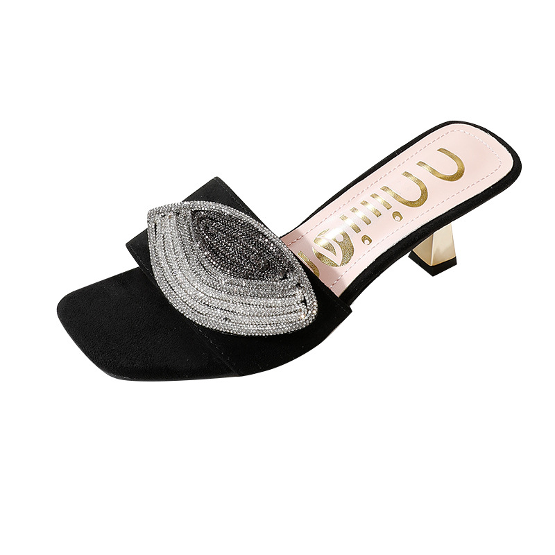 African High-heeled Women's Slippers Sandals With Rhinestones, European And American Style, Square Toe_vogvips.com