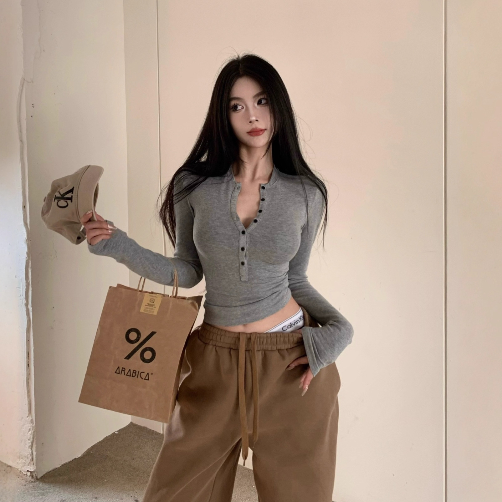 Rhgd Real Shot 2025 Simple Half-Open Collar Base Shirt Skin-Friendly Stretch Slim Fit Long Sleeve T-Shirt V-Neck Top