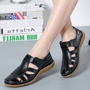 Original handmade retro leather sandals comfortable soft bottom mother shoes cowhide Velcro casual women's shoes a generation of hair