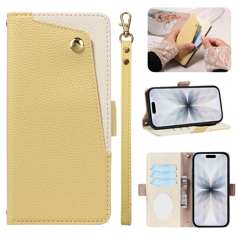 Suitable for iPhone 17Pro Mobile Phone Case Apple 15 Cosmetic Mirror Leather Case 16 Pebbled Pattern Lanyard Flip Protective Cover