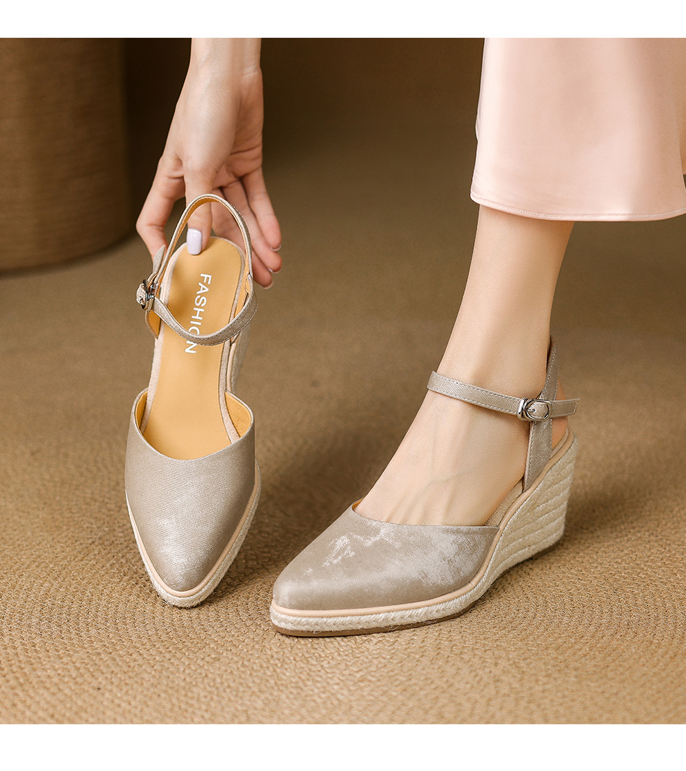 Sandal cao gót nữ phong cách Tân Trung Hoa, mũi kín quai ngang, đế xuồng bện rơm, gót 7 cm — xanh lá cây, màu mơ chi tiết 7