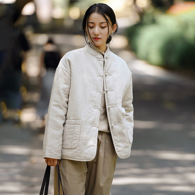 中國風立領盤扣棉服女秋冬新款設計感夾棉加厚長袖複古風亞麻外套