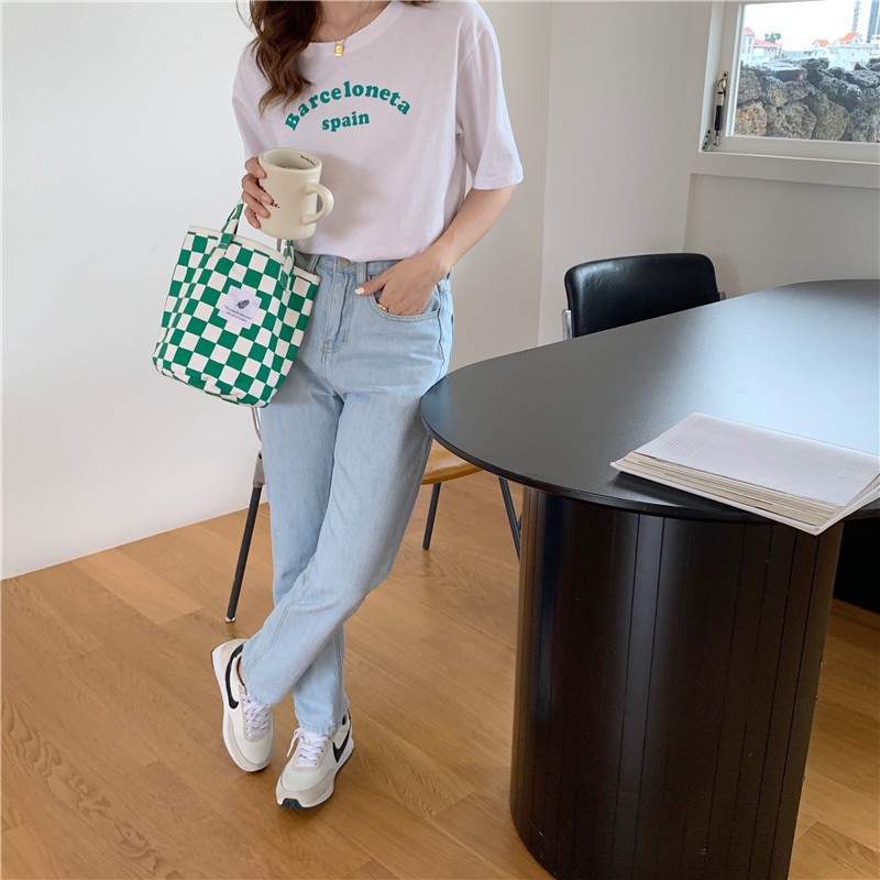【 In Stock 】18181 checkerboard green checkered canvas bag, school-style commuter single-shoulder bag, retro hand-held tote bag undefined
