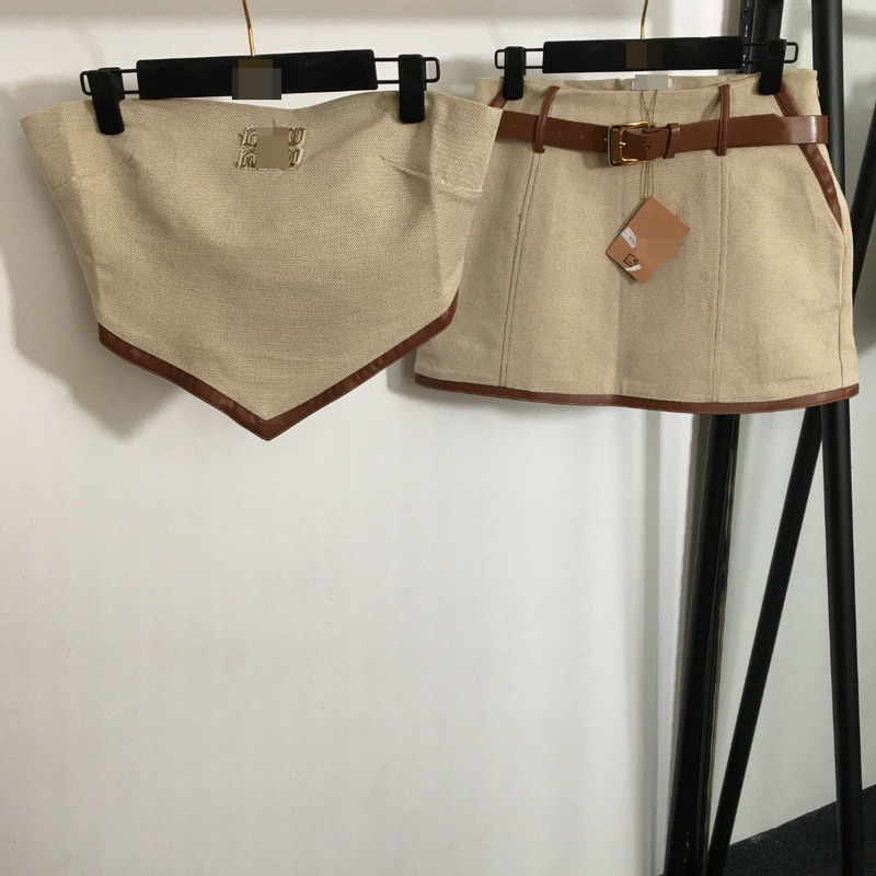 New suit Embroidered Alphabet Patchwork Padded Leather Bag Edge Backless Design Strapless Vest Mini Short Skirt with Belt