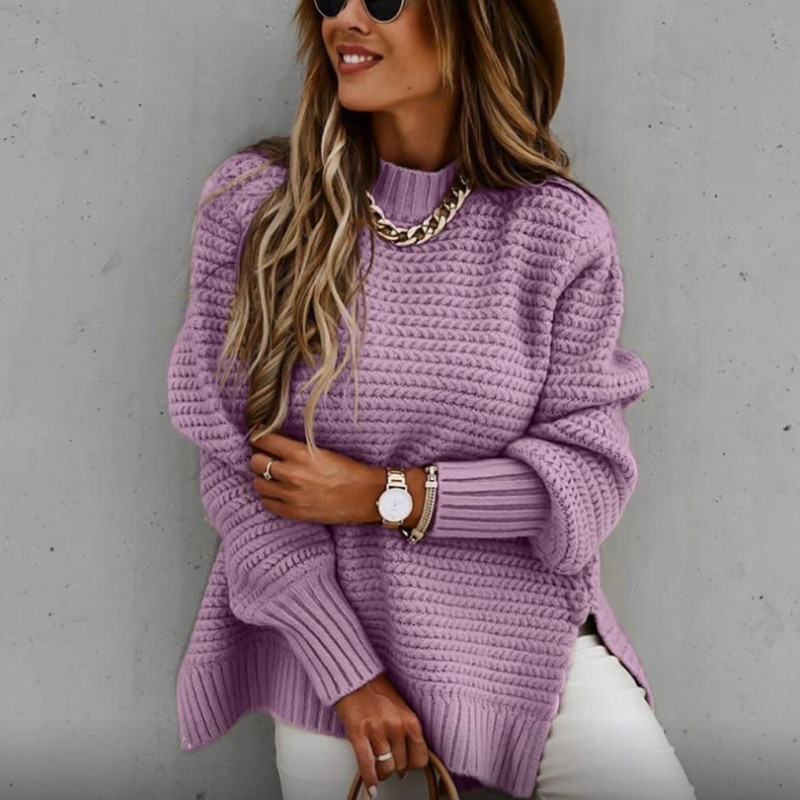 Suéter de Punto con Cuello Medio Alto, Color Sólido, Abertura Lateral con Puños, Estilo Europeo y Americano, Nueva Colección de Invierno 2025 para Mujer