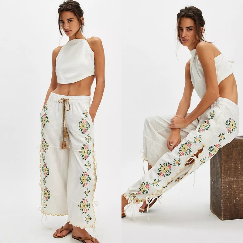 Amazon 25 秋の新作クロスボーダーヨーロッパとアメリカの服刺繍花レースアップカジュアルパンツストレートパンツ女性用|undefined