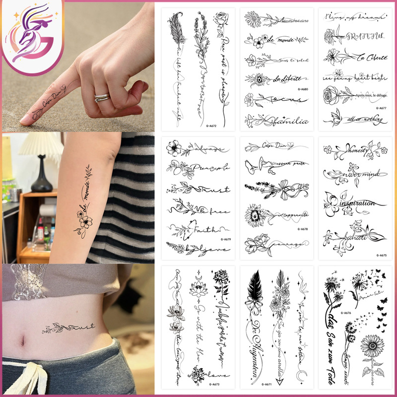 Ins Small Fresh English Flower Finger Clavicle Waterproof Disposable Black and White Sketch Flower Text Simple Temporary Sticker
