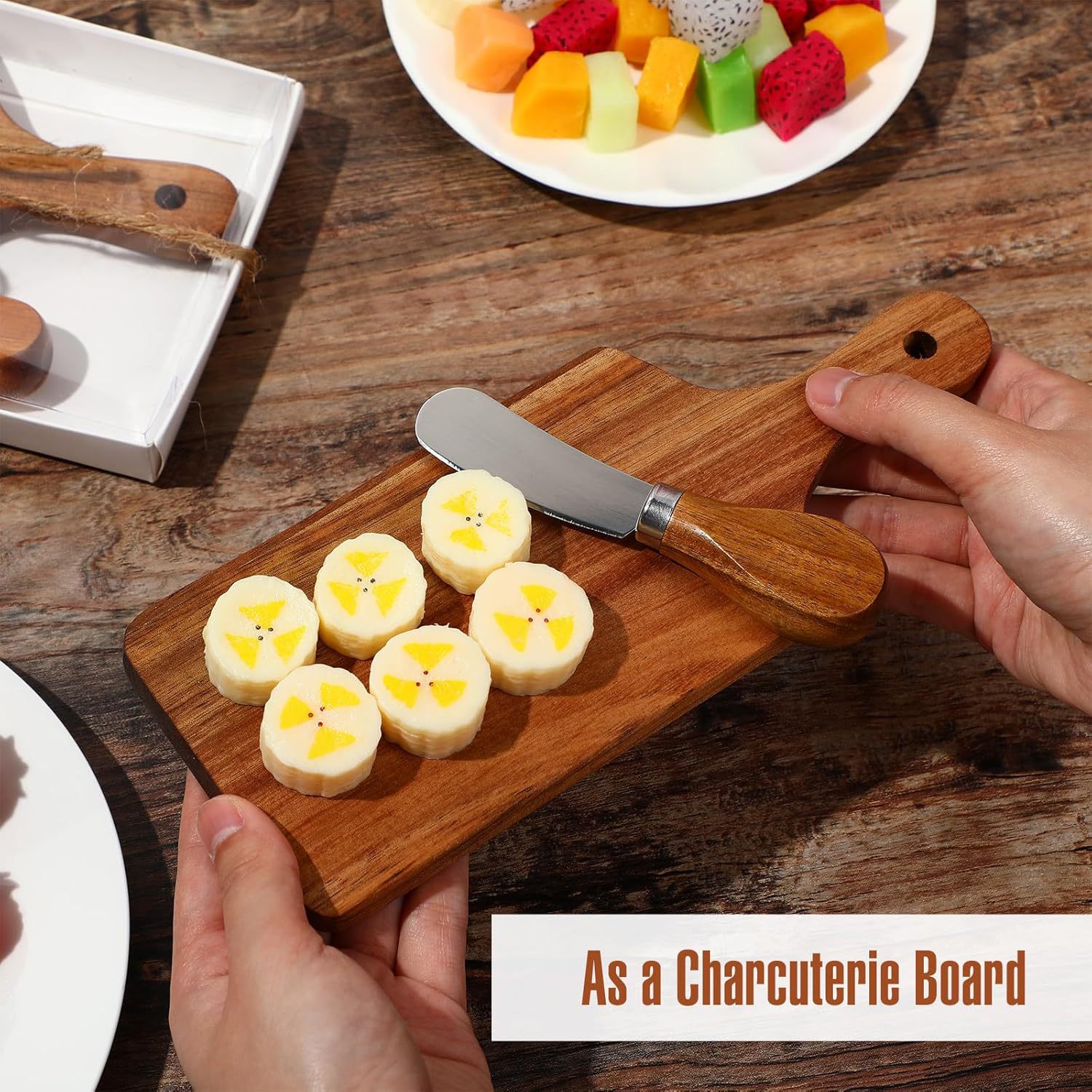 Caja de regalo de mano mini juego de tabla de cortar juego de cuchillo de queso juego de tablero de queso boda fiesta de cumpleaños acacia
