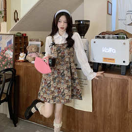 跨境2023早春甜美蝴蝶结长袖假两件衬衫连衣裙设计感小众女装裙子