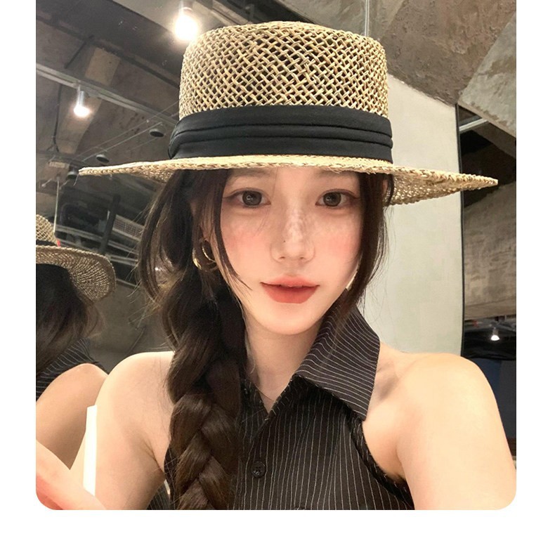 [Box + Hat Support] Old Money Style Hollow Flat Top Straw Hat For Women, Summer Beach Vacation Woven Sun Hat, French Style - Thumbnail 2