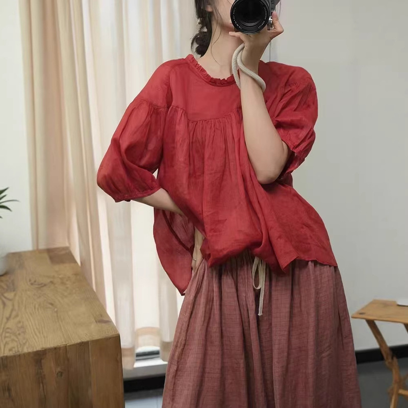 2026 Summer New Style Artistic Retro Patchwork Lace Collar Loose Plus-Size Women's Batwing Short-Sleeve Shirt Top 2026 Summer New Style Artistic Retro Patchwork Lace Collar Loose Plus-Size Women's Batwing Short-Sleeve Shirt Top