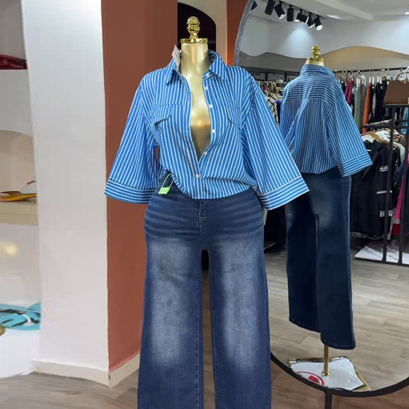 欧美跨境女装2025秋季新款时尚休闲翻领宽松短款条纹短袖衬衫上衣|undefined