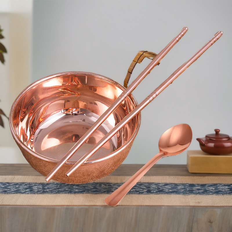 Brass Bowl Copper Chopsticks Copper Spoon Thickened Copper Spoon Copper Rice Bowl Household Copper Bowl Chopsticks Tableware Factory Direct Supply